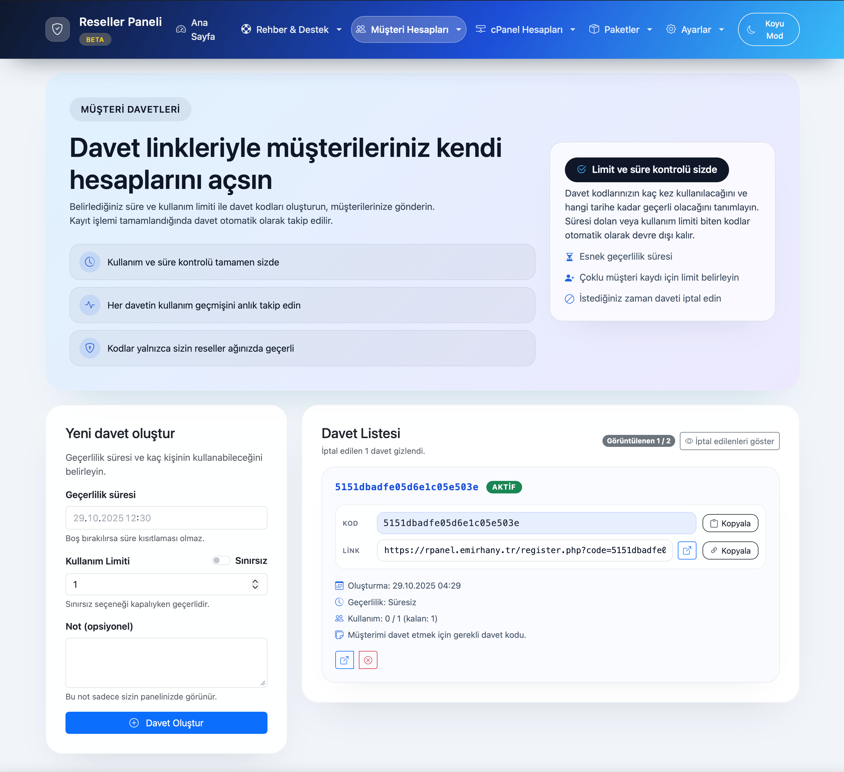 Davet linki ile kayıt ekranı