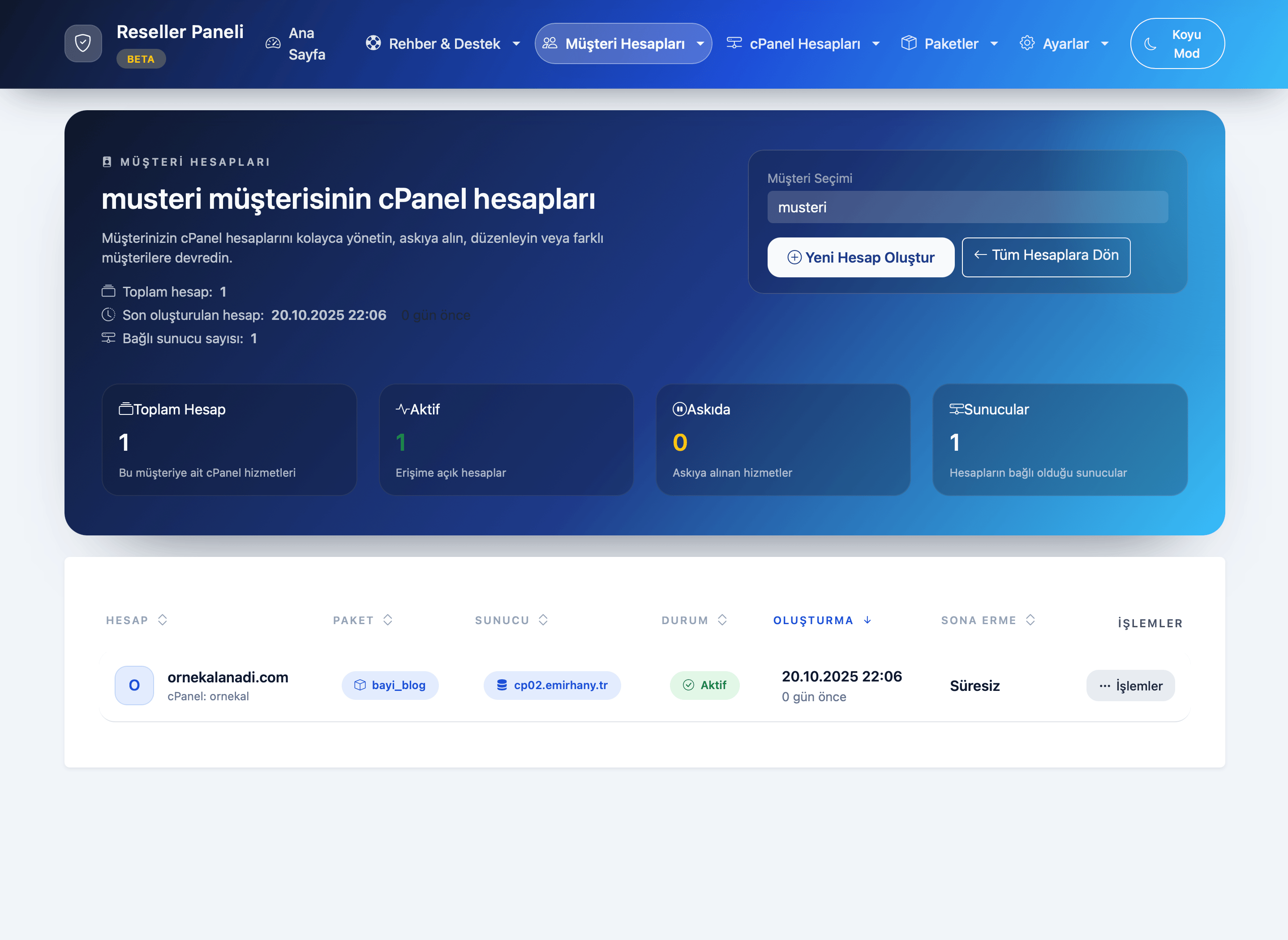 Müşteri yönetimi görüntüsü